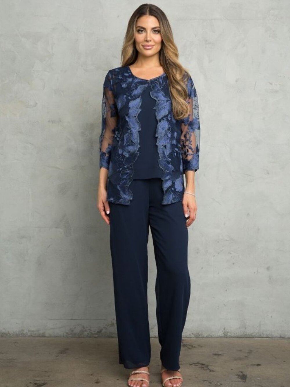 Clearance Navy 3-Piece Georgette Pant Set with Lace Jacket by Eva USA EV3426